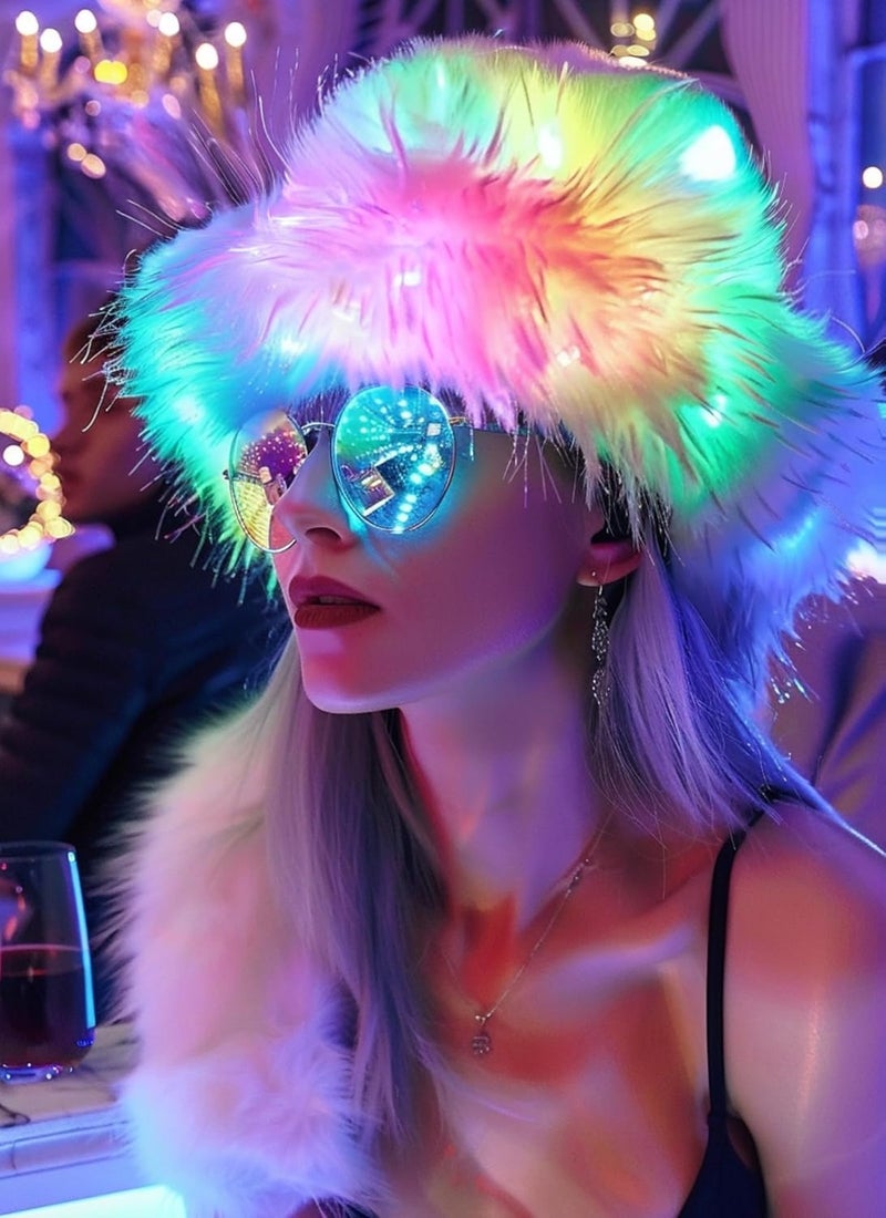 Wuwdysa Women Teen Warm Winter Hat Rainbow Fluffy Furry Plush Faux Fur Hats Smart LED Light Up Fishing Hat Bucket Hats - Image 2